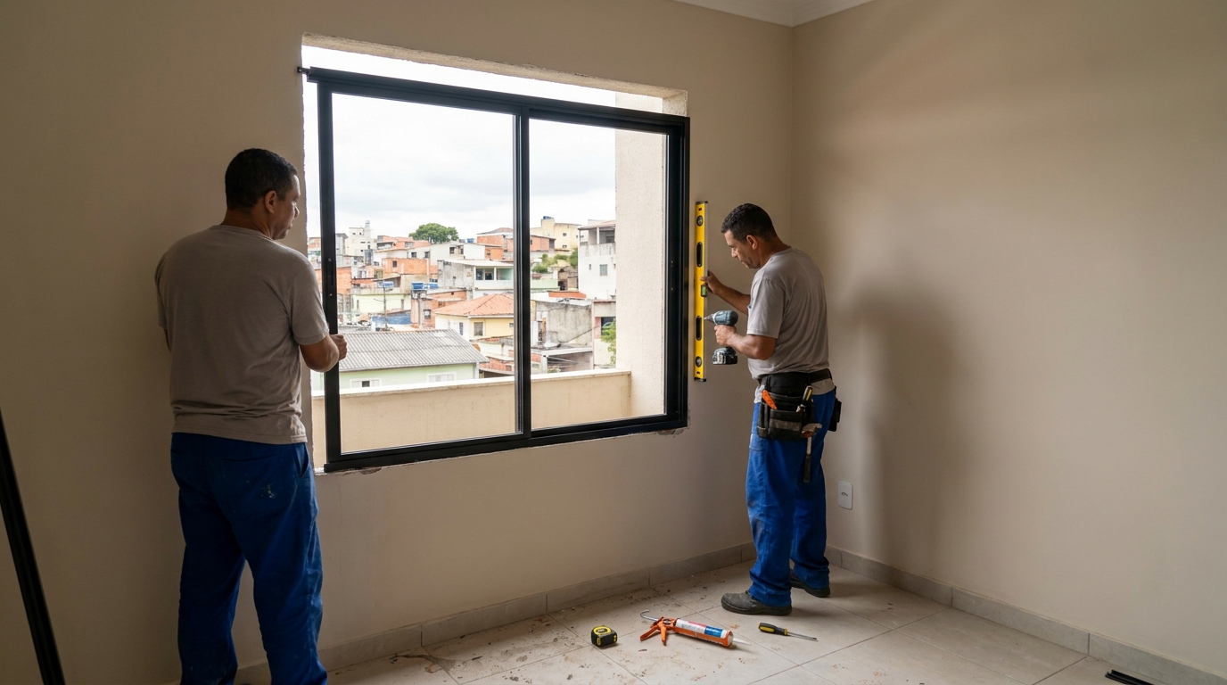 Esquadria de alumínio em quarto bege em Vila Velha-ES