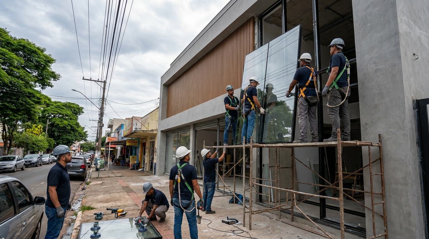 Fachada de vidro com andaime lateral em Vila Velha-ES