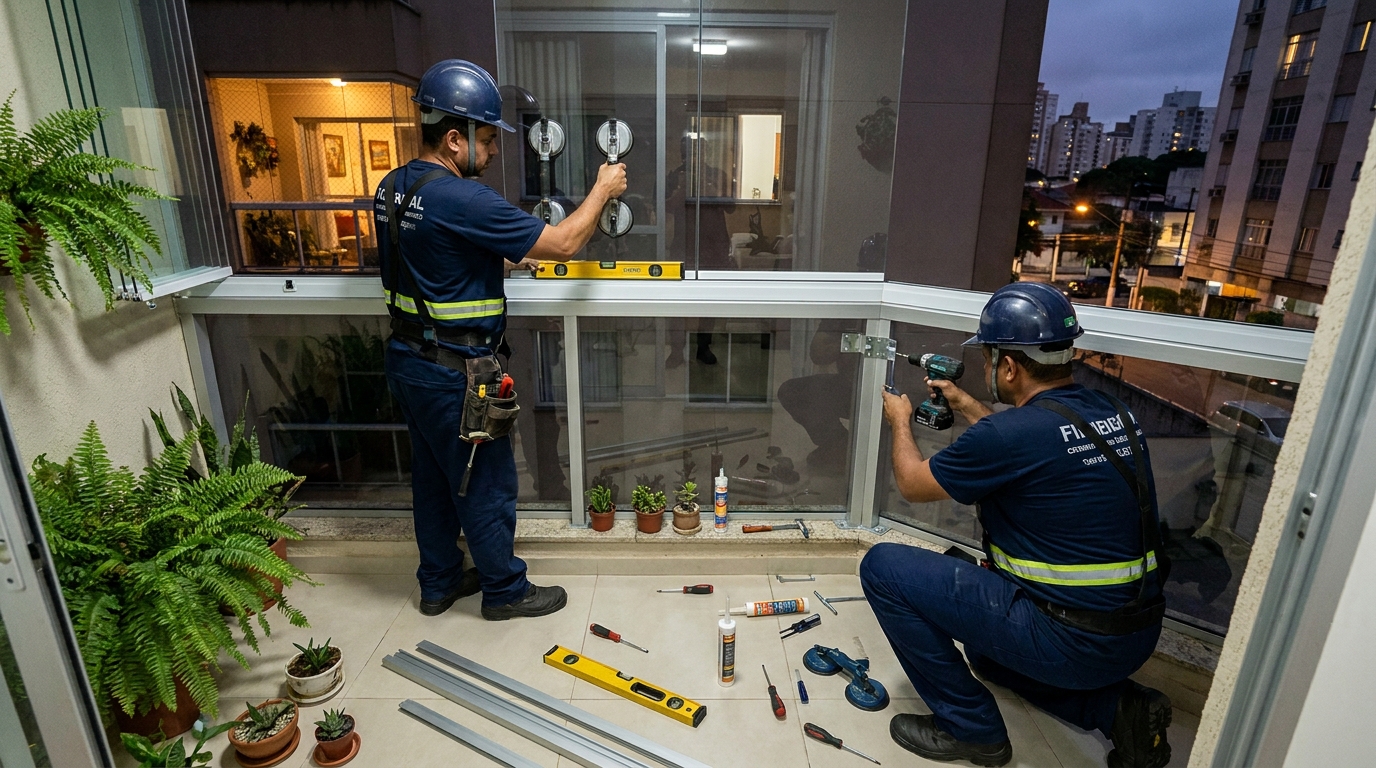 Instalação noturna de parede de vidro em Vila Velha-ES