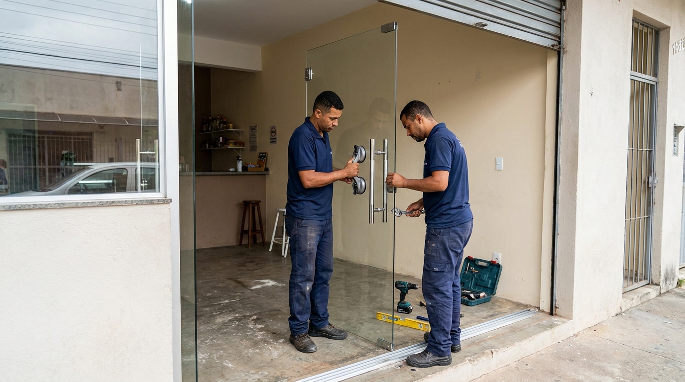 Dupla instalando porta de vidro em loja em Vila Velha-ES