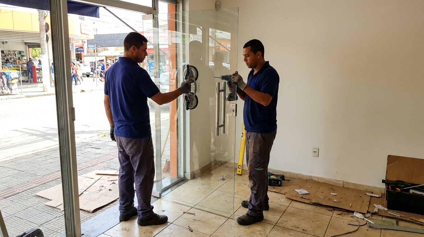 Porta de vidro de loja em rua movimentada em Vila Velha-ES