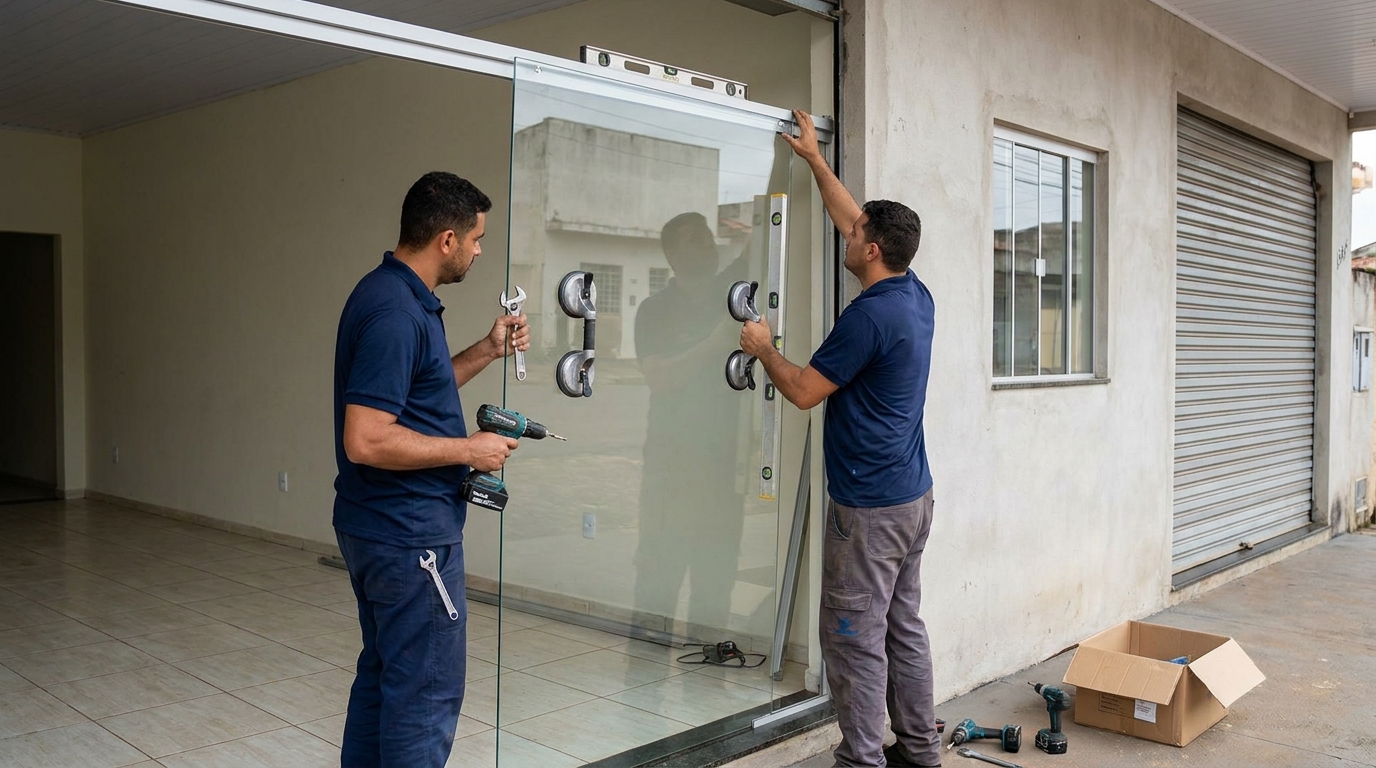Vidraceiro com chave de boca em porta em Vila Velha-ES